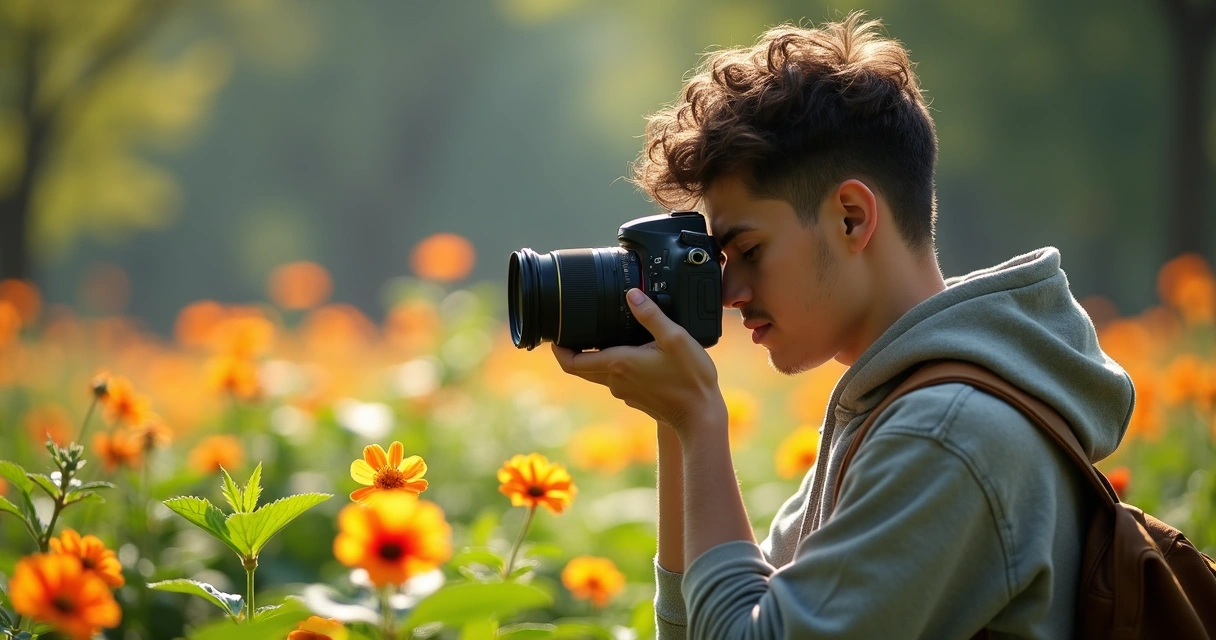 Jovem fotografando flor no parque 