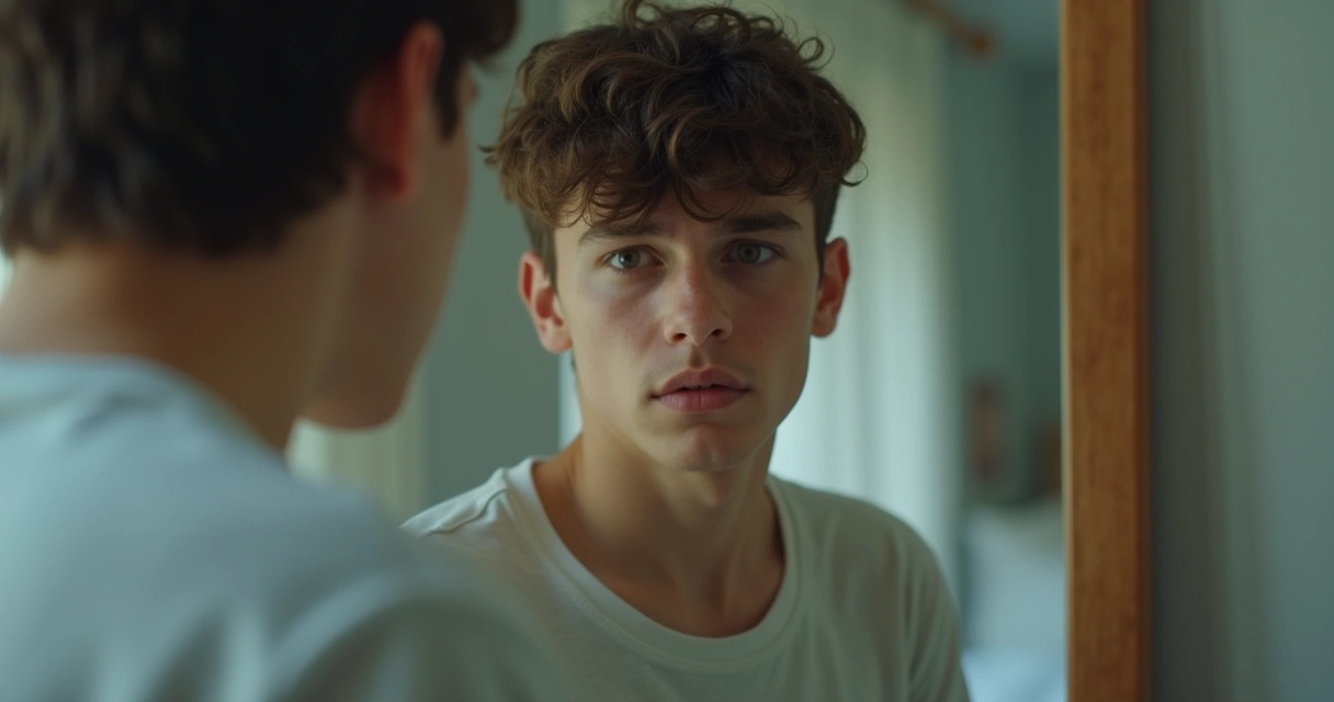 Pessoa jovem olhando para o próprio reflexo, mostrando dúvida e introspecção 