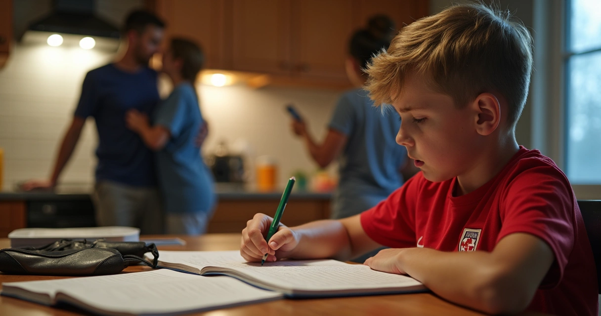 Jovem atleta estudando cadernos com material escolar após treino 
