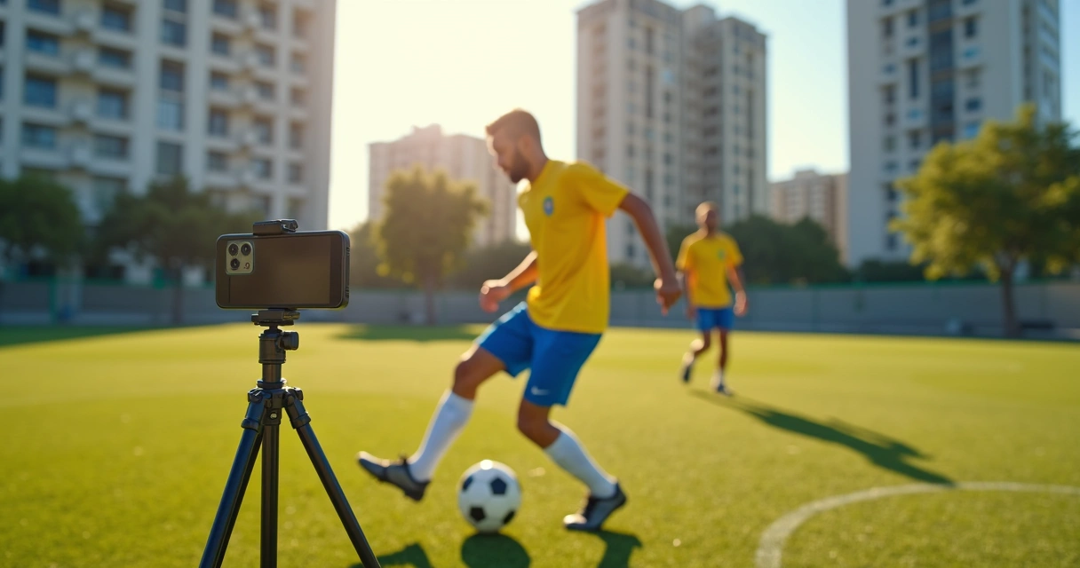 Jovem gravando treinamento de futebol com celular 