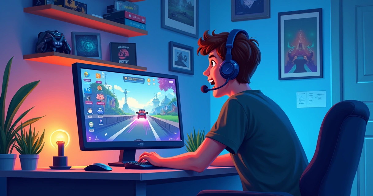 Um jovem gamer transmitindo jogos em um computador, com mensagens e doações na tela.