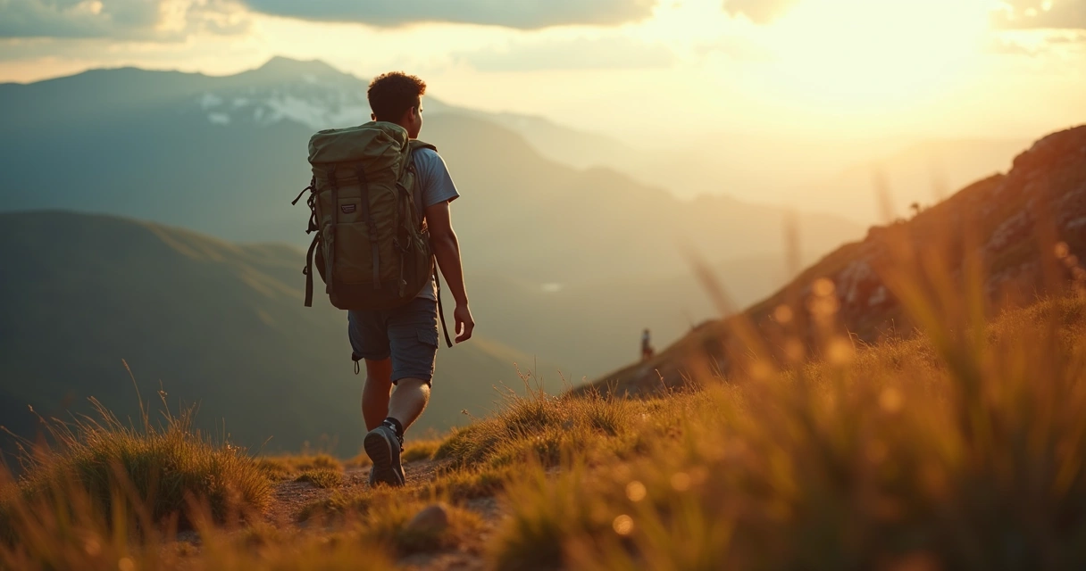 Jovem em trilha desafiadora com mochilão