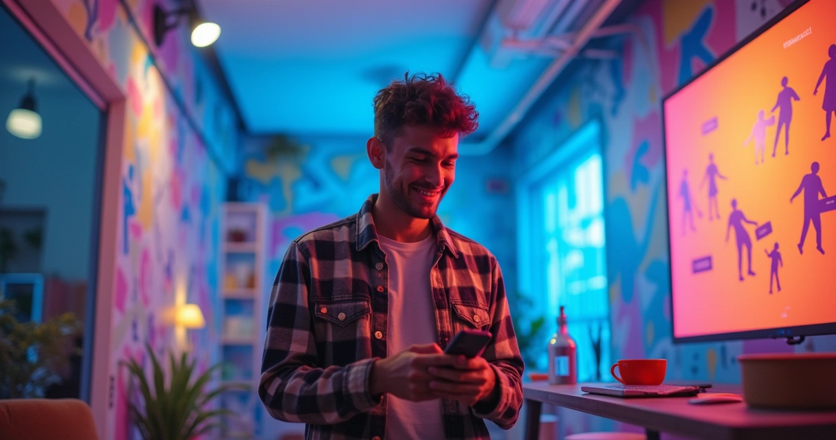 Jovem gravando um Reel no Instagram, cercado por ícones de interação e um mural colorido.