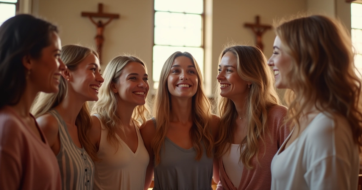 Grupo de mulheres jovens sorrindo em igreja 
