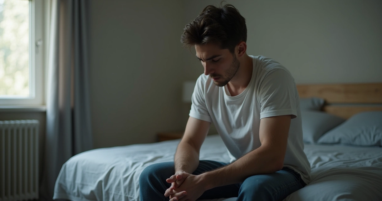 Jovem sentado na cama olhando preocupado para baixo 