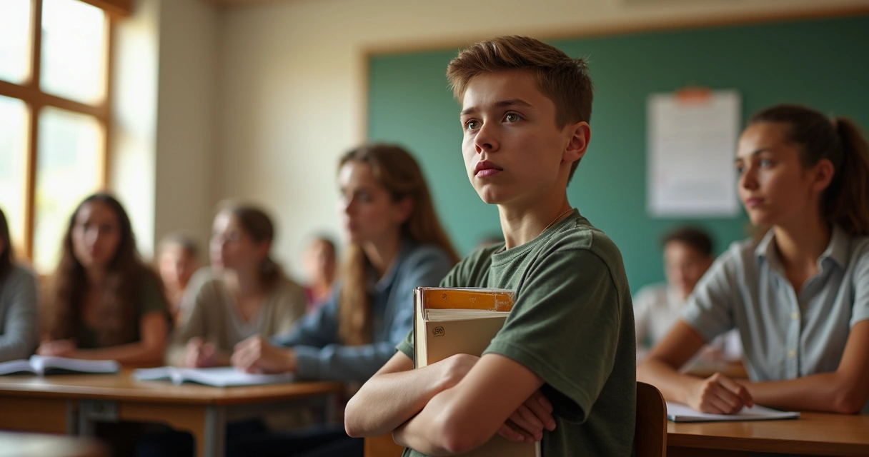 Jovem tímido diante de grupo em ambiente escolar. 