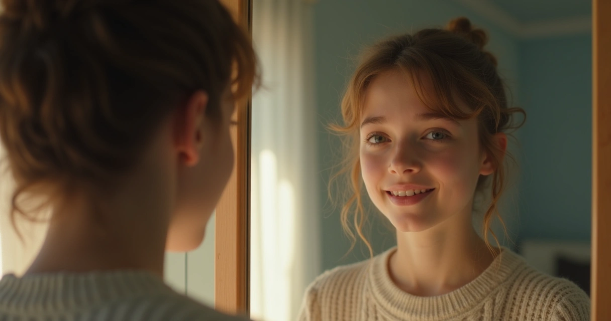 Pessoa jovem diante de um espelho refletindo passado e presente 