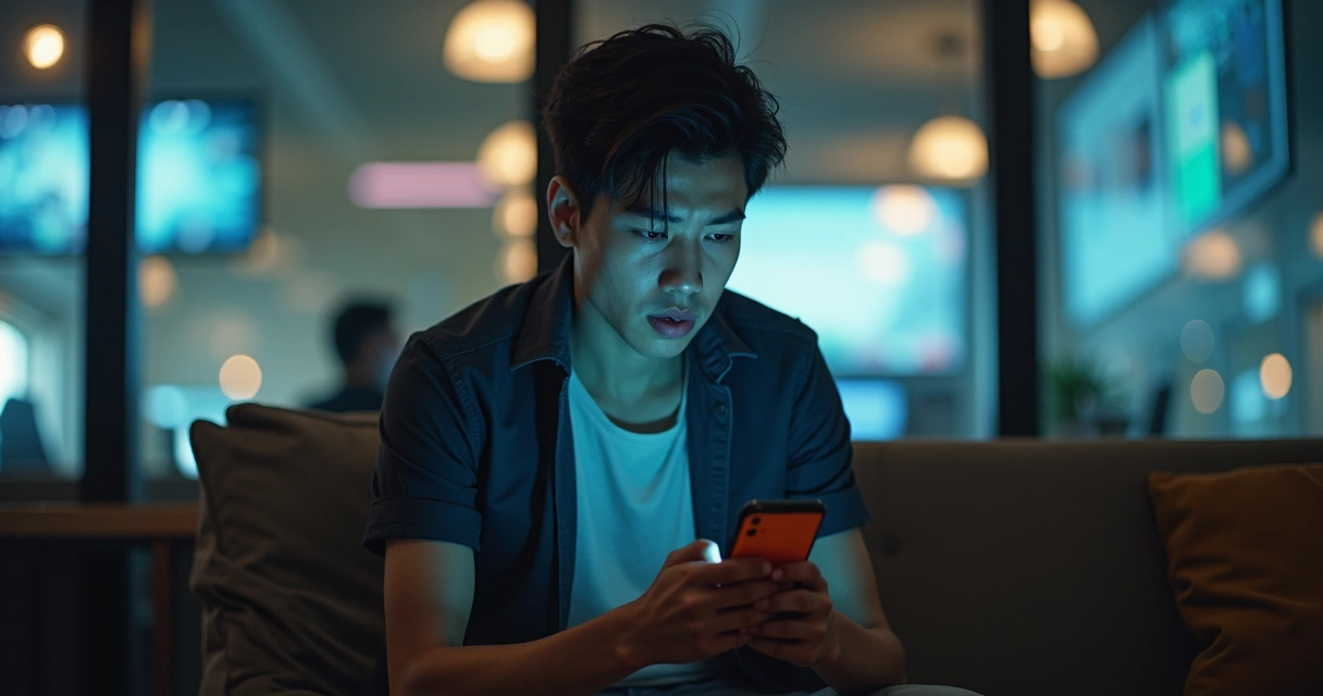 Jovem sentado sozinho com celular em ambiente moderno