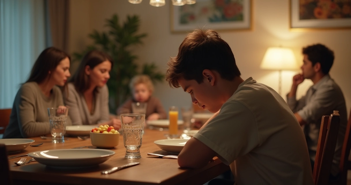Jovem sentado sozinho à mesa enquanto família desfocada discute ao fundo