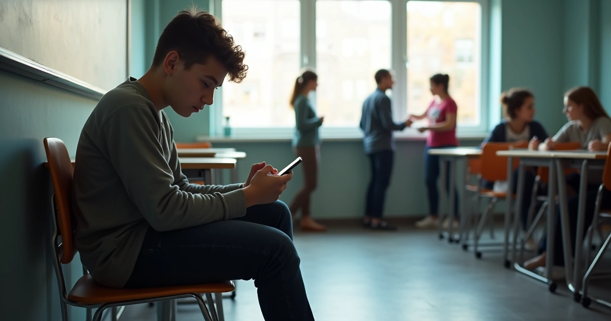 Adolescente isolado no canto de uma sala de aula, olhando para o celular enquanto colegas conversam 