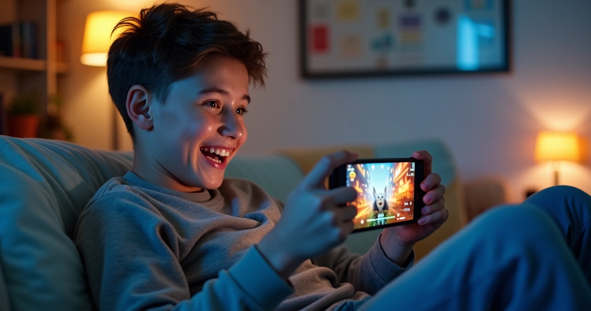 Pessoa jogando em smartphone com Wi-Fi, tela colorida, ambiente descontraído 