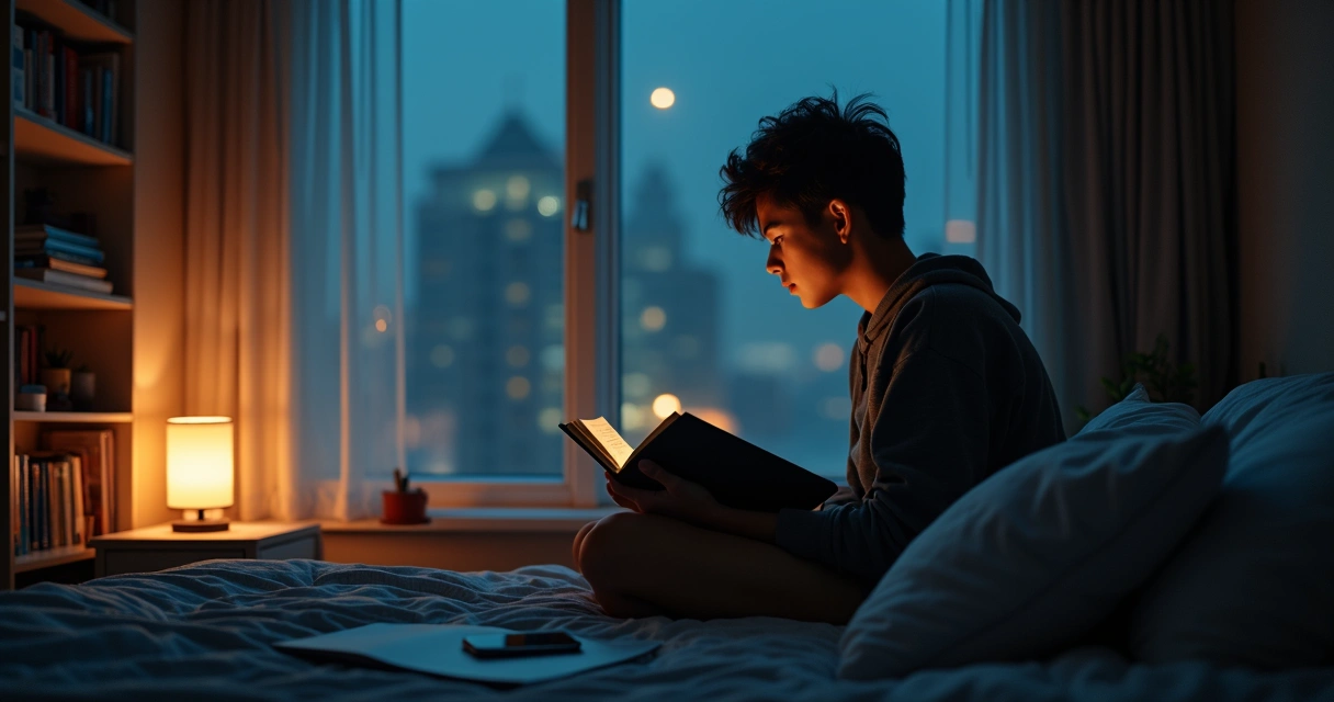 Jovem sentado lendo livro em quarto à noite, luz suave de abajur 