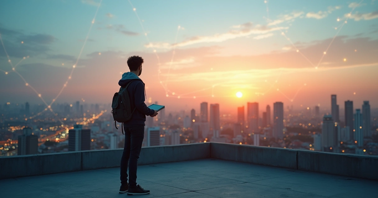 Jovem olhando cidade com redes luminosas interligadas 
