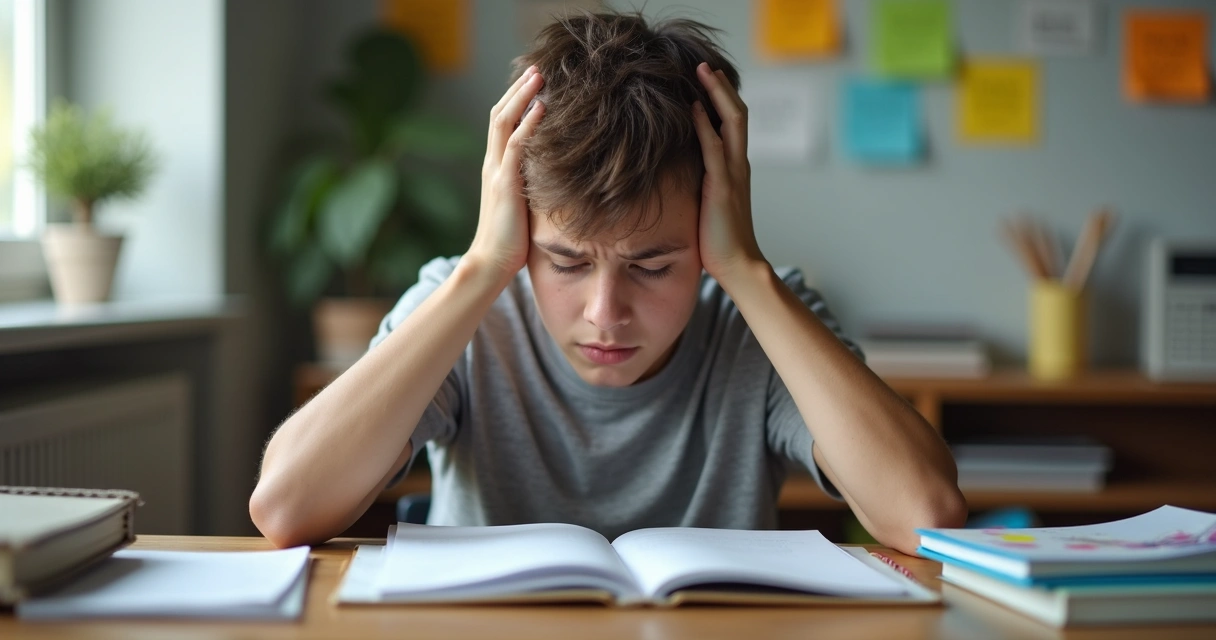 Jovem sentado em uma mesa cheia de livros, apoiando a cabeça nas mãos 