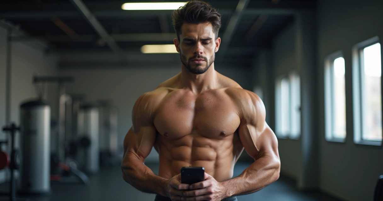 Jovem fazendo musculação em academia com aplicativo de treino inteligente aberto no celular ao lado 