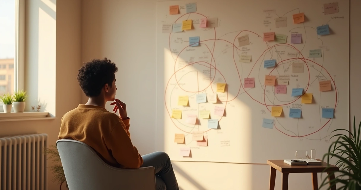 Jovem observando parede com mapas mentais coloridos sobre relacionamentos 