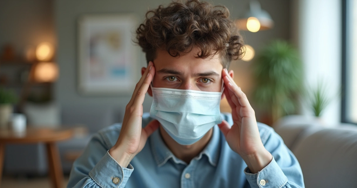 Jovem com máscara cirúrgica esfregando têmporas 