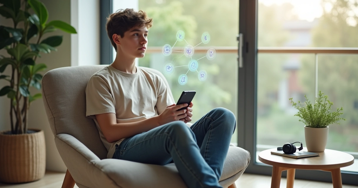 Jovem segurando celular com círculos coloridos de emoções ao redor 