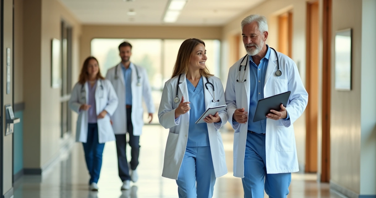 Jovem médico conversando com mentor em corredor de hospital 