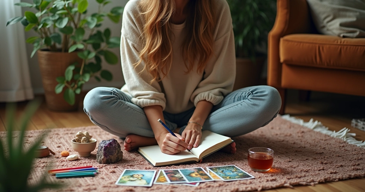 Jovem sentada ao chão com cartas de tarot e caderno.