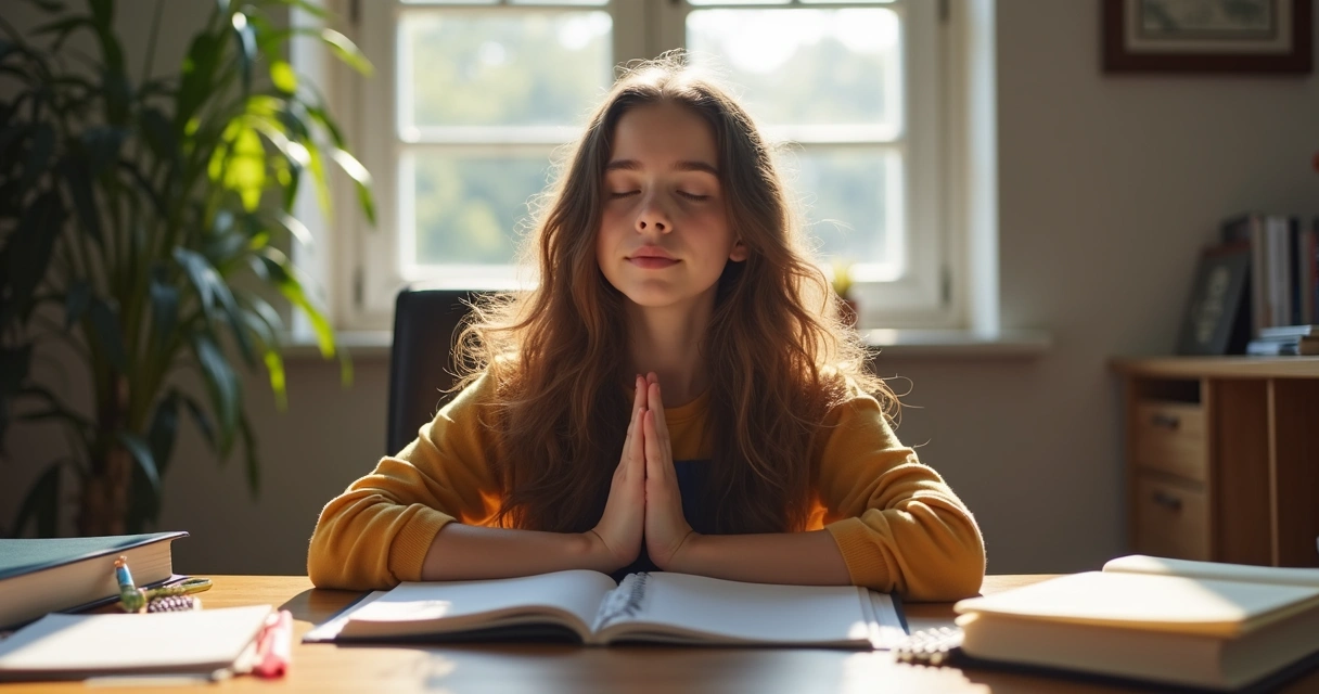 Jovem sentado fazendo meditação na mesa de estudos