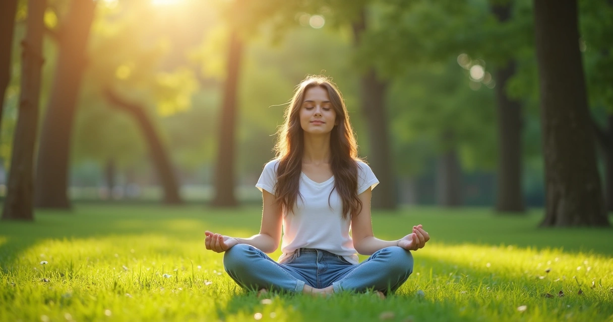 Jovem sentado na natureza meditando em posição de lótus, olhos fechados 