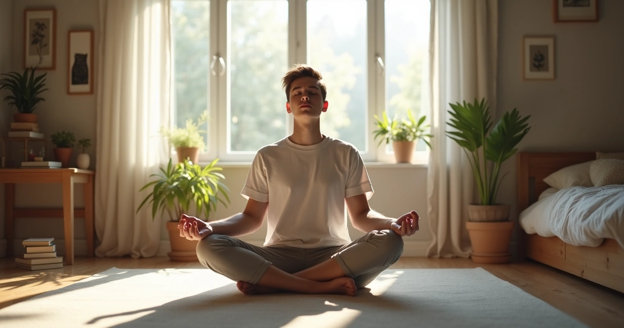 Pessoa sentada no chão do quarto em posição de meditação