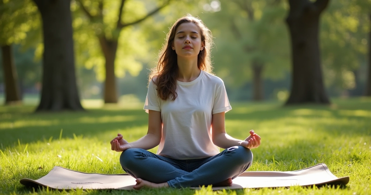 Adolescente sentado em tapete de yoga ao ar livre em postura de meditação 