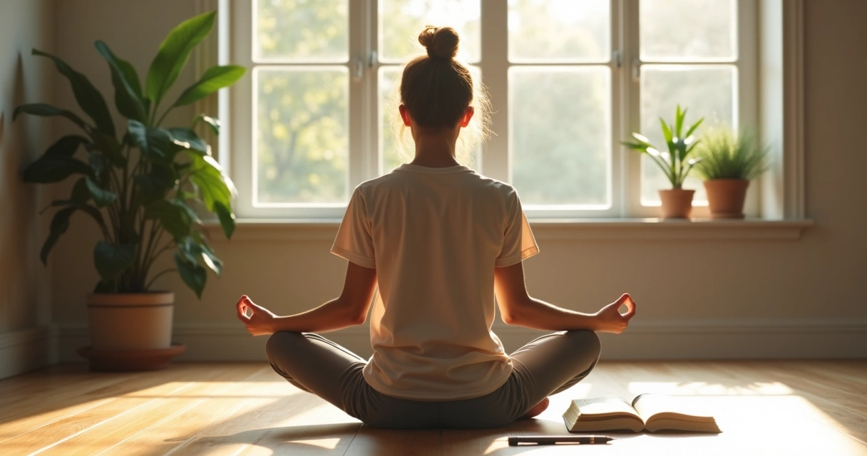 Pessoa sentada em posição de meditação ao lado de um caderno para reflexões 