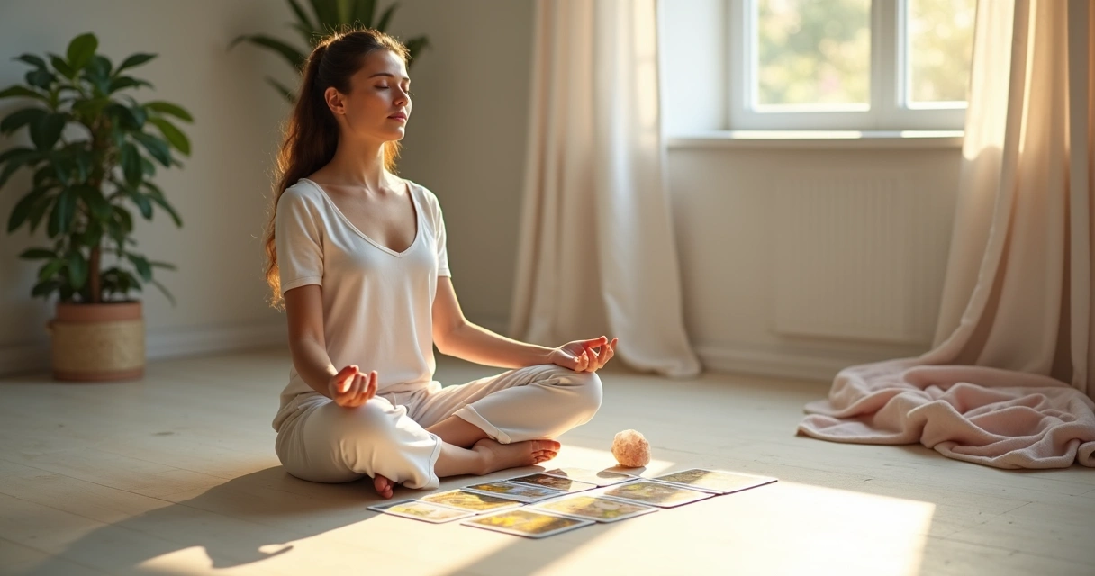 Jovem sentada em posição de meditação ao lado de cartas de tarot 