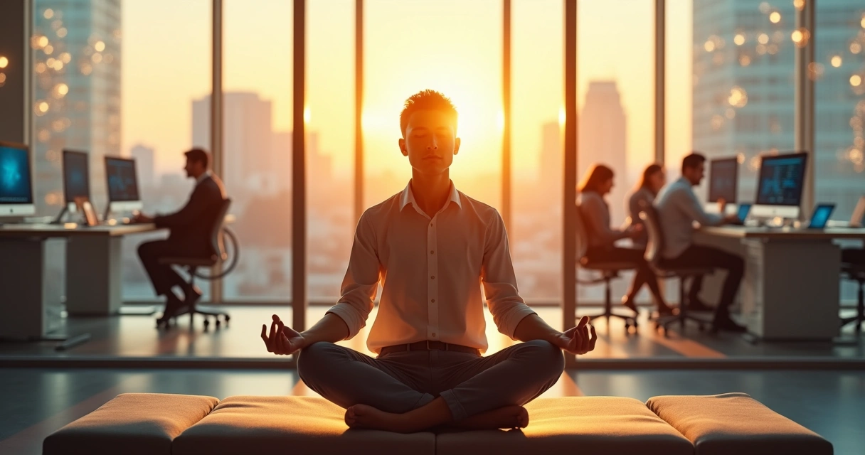 Jovem sentado meditando em meio a escritório moderno com telas desfocadas ao fundo 