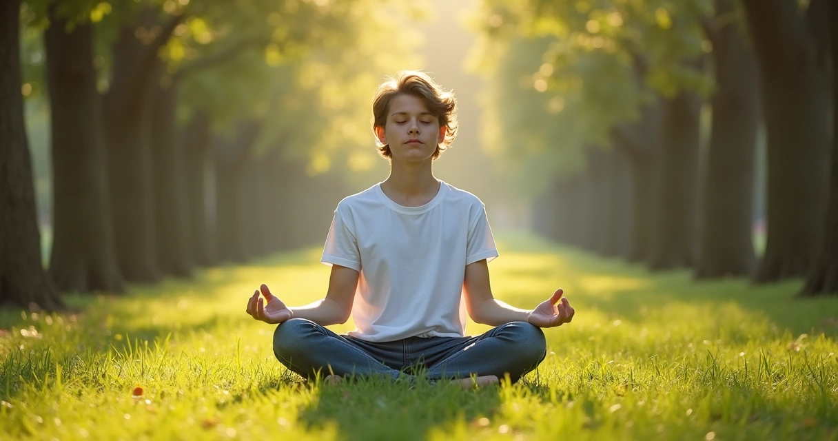 Jovem sentado em posição de lótus meditando ao ar livre em meio à natureza