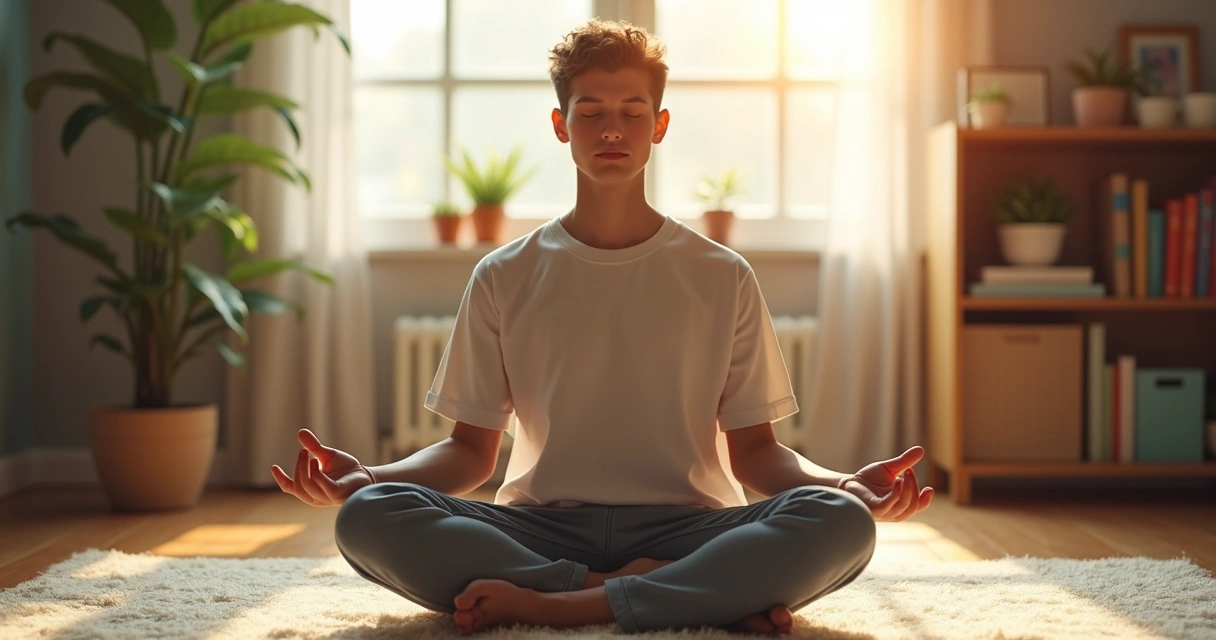 Jovem sentado em posição de meditação no quarto, luz suave pela janela