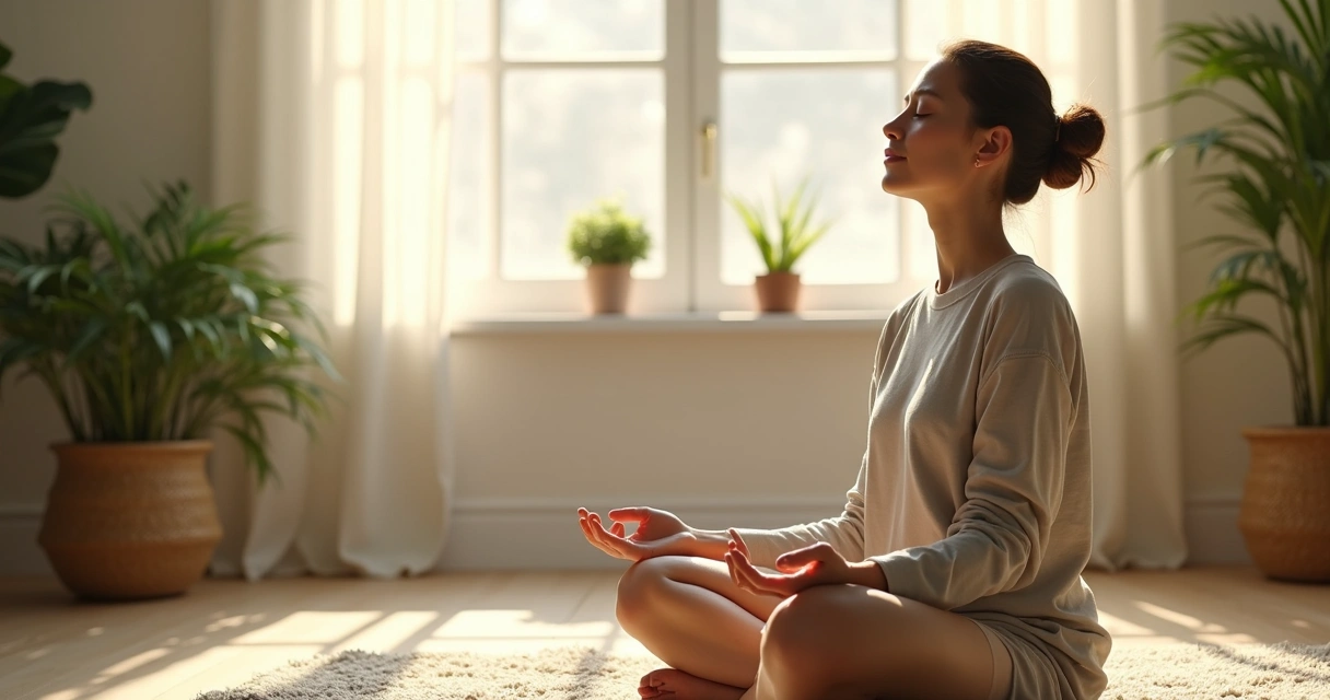 Jovem sentado praticando respiração profunda e relaxamento 