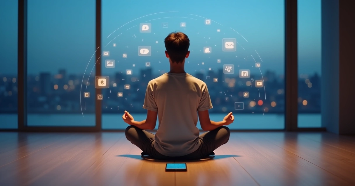 Pessoa meditando em frente a painel digital com silenciamento de notificações 
