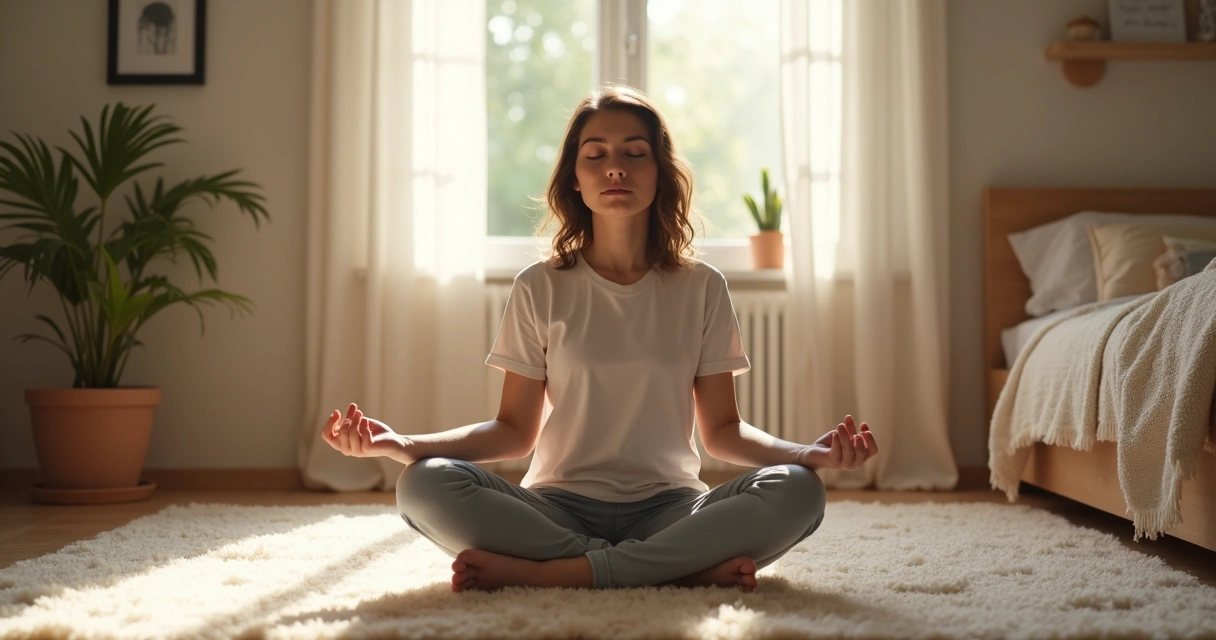 Pessoa jovem sentada no chão de um quarto tranquilo, olhos fechados, em posição de meditação, com luz suave entrando pela janela