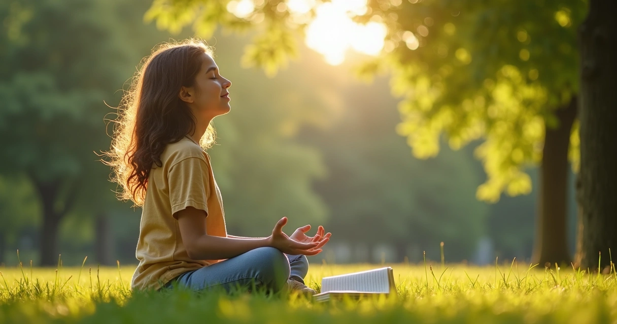 Jovem sorrindo meditando ao ar livre 
