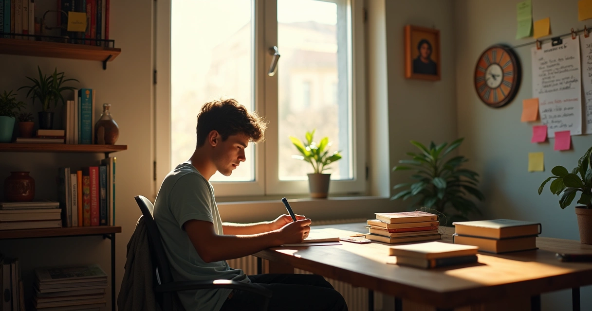 Jovem com mochila sentado em cadeira estudando sozinho em uma sala iluminada 