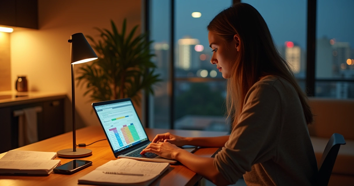 Jovem em apartamento pequeno organizando orçamento com notebook e planilha 