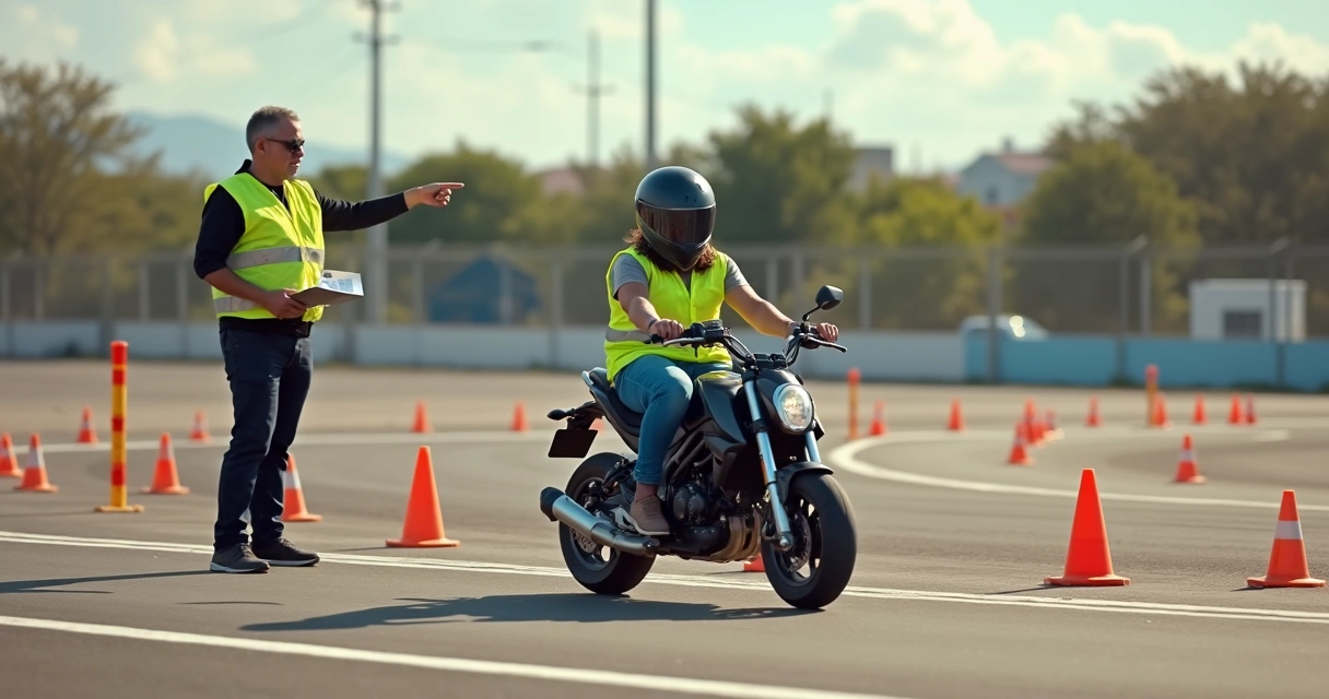 Jovem em aula prática de moto com instrutor mostrando sinalização de trânsito 