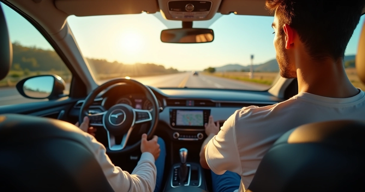 Jovem motorista ao volante, concentrado em uma rodovia. 