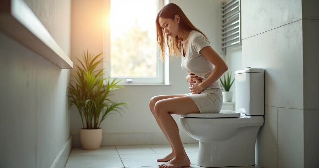 Mulher jovem sentada no banheiro com expressão de desconforto abdominal 