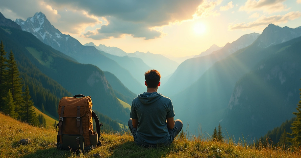 Jovem sentado em frente a uma paisagem natural, olhando para o horizonte 