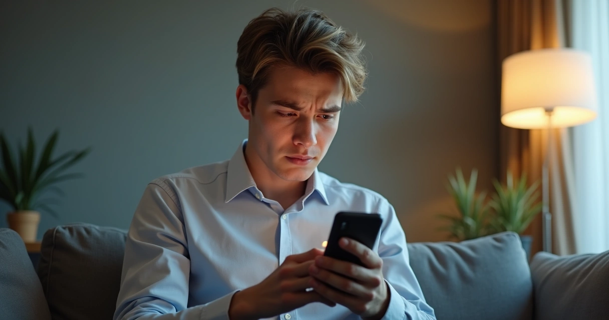 Jovem olhando para a tela do celular com expressão de cansaço e estresse, sentado em uma sala moderna. 