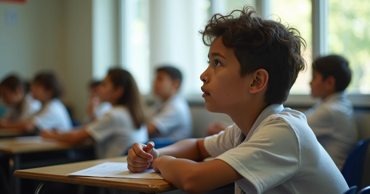 Jovem com olhar distante em sala de aula. 