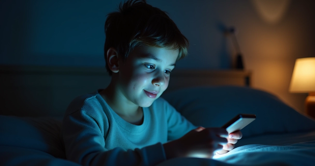 Pessoa jovem olhando para o celular em um ambiente escuro com a tela iluminando seu rosto 