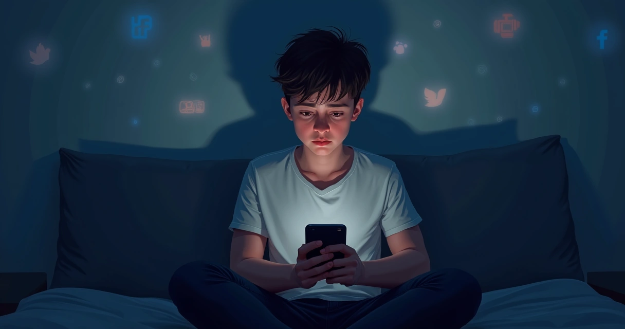 Jovem olhando para tela de celular em ambiente escuro 