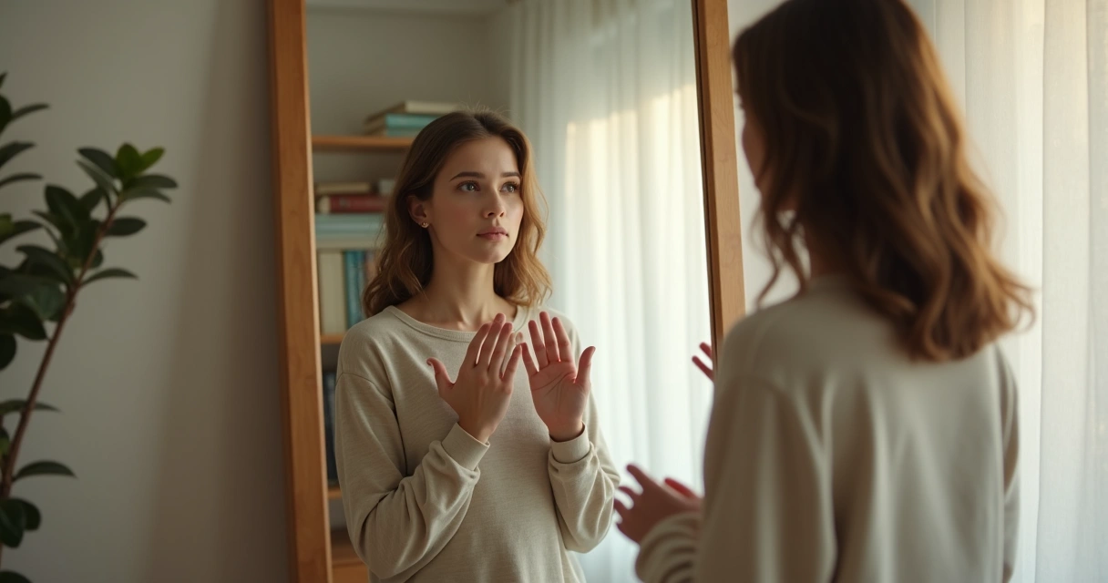 Jovem olhando para si mesmo em frente ao espelho 