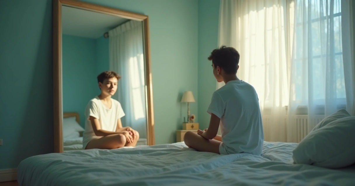 Jovem olhando para o espelho pensativo 