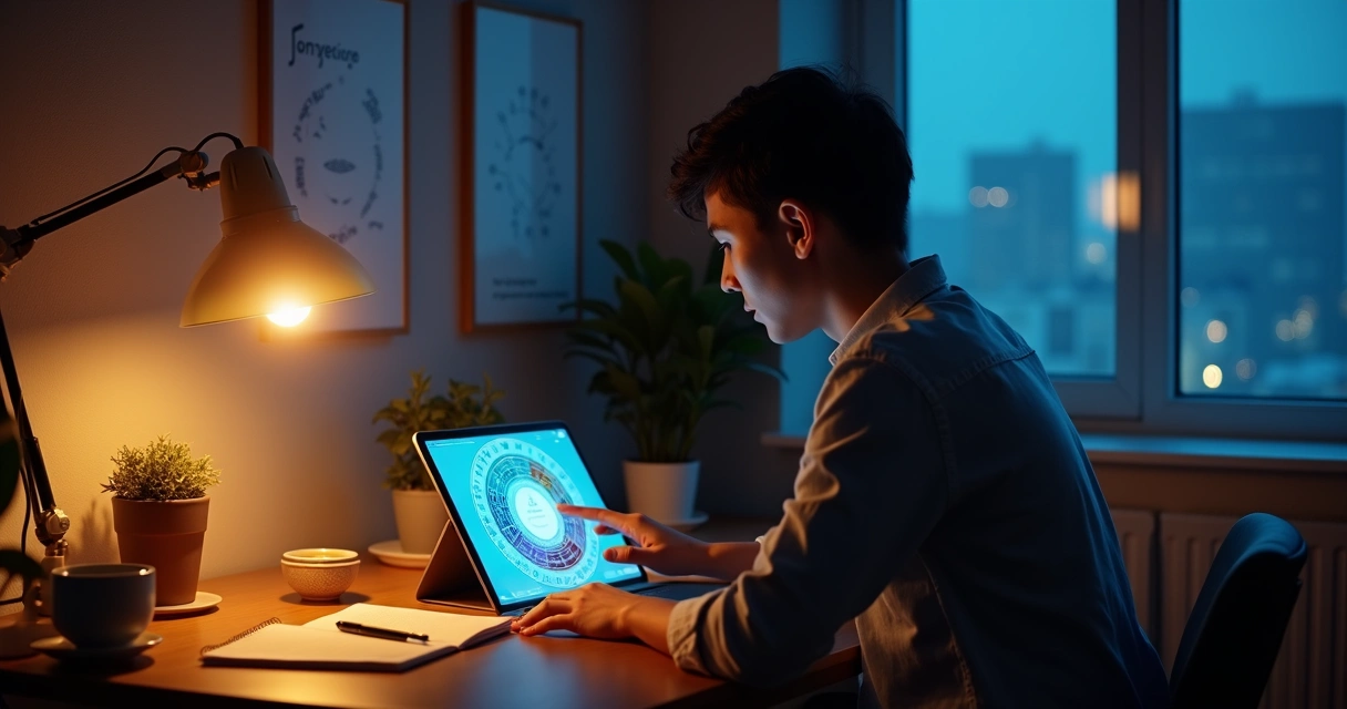 Jovem analisa mapa astral digital luminoso em tablet sobre mesa de estudo 